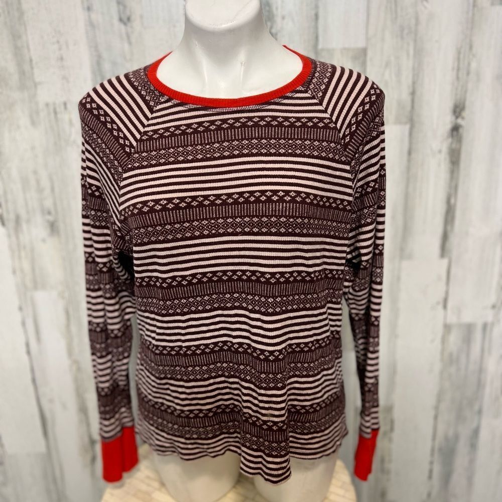 Aerie Thermal Top Womens Medium Purple Pink Geometric Striped Red Cuff Long Slee